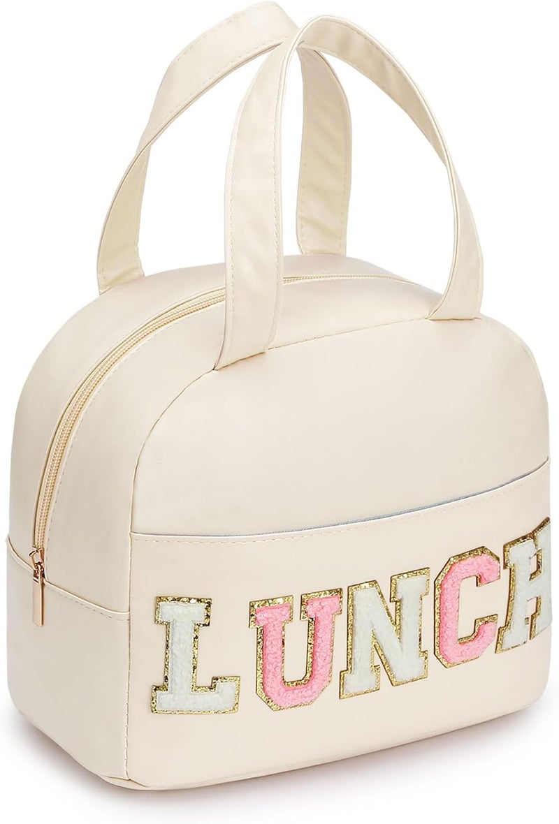 DIRGEE Lunch Bag for Women Insulated For Men PU leather Small Office Work lunch with Chenille Letters Leakproof Freezable Cooler Reusable Portable Box (White) - Image 1